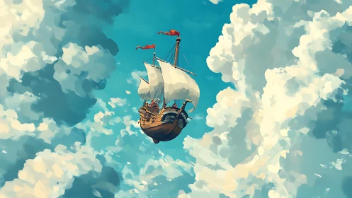 Sailing vessel is depicted suspended among dense sky clouds
