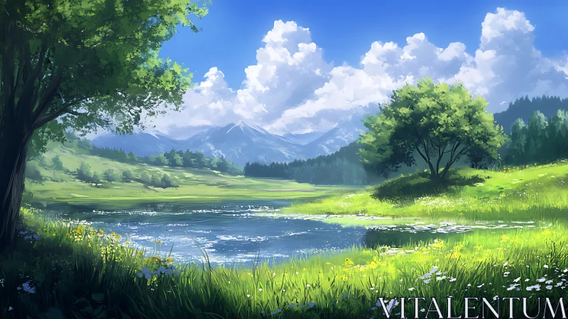 Sunlit mountain meadow dreaming beside a glassy riverbend.