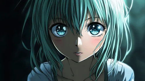High-contrast anime portrait uses rim lighting on teal-haired girl