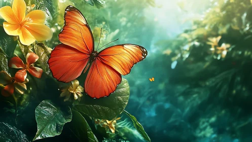 Digital painting of orange butterfly in glowing tropical foliage.