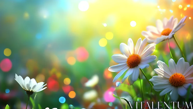 White Daisies with Golden Centers in Bokeh Sunlight Garden.