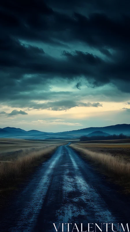 Straight wet rural road under dense storm cloud cover.