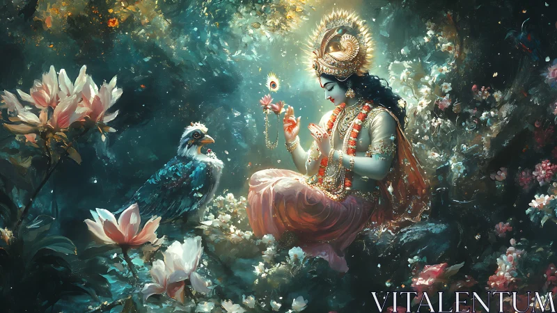 Lotus-lit deity in midnight garden whispering with birds.