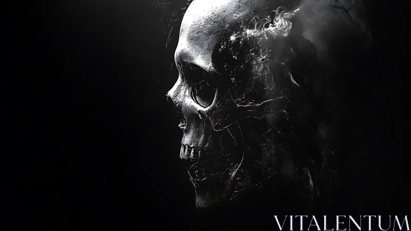 Digital skull profile dissolving into abstract black void.