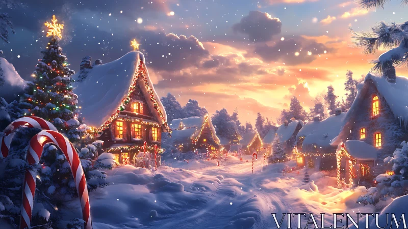 Snowy Christmas village glows under warm sunset sky