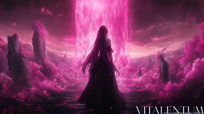 Backlit silhouette before luminous magenta dimensional rift
