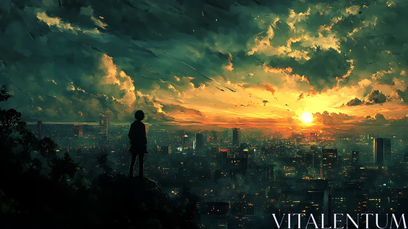 Digital painting skyline at dusk with solitary observer silhouette.
