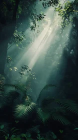 Luminous Rainforest Canopy: Crepuscular Rays Through Verdant Foliage.