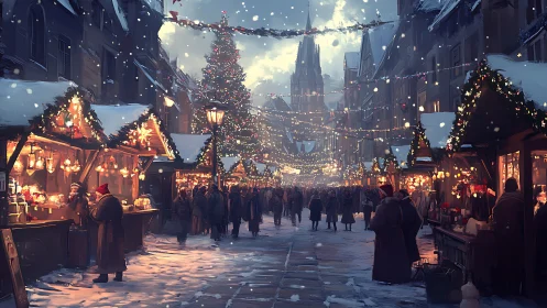 Snowy European Christmas market glows with festive lights.