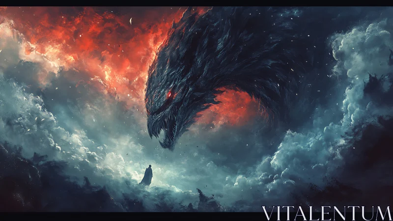 Colossal dark serpentine entity emerging within storm clouds.