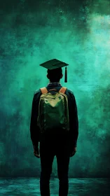 Graduate with backpack facing teal textured backdrop.