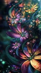 Luminescent fractal blooms swirling through cosmic night.