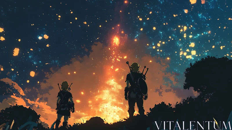 Silhouetted figures observe fiery sky with scattered stars.