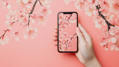 Smartphone displaying seamless cherry blossom composition