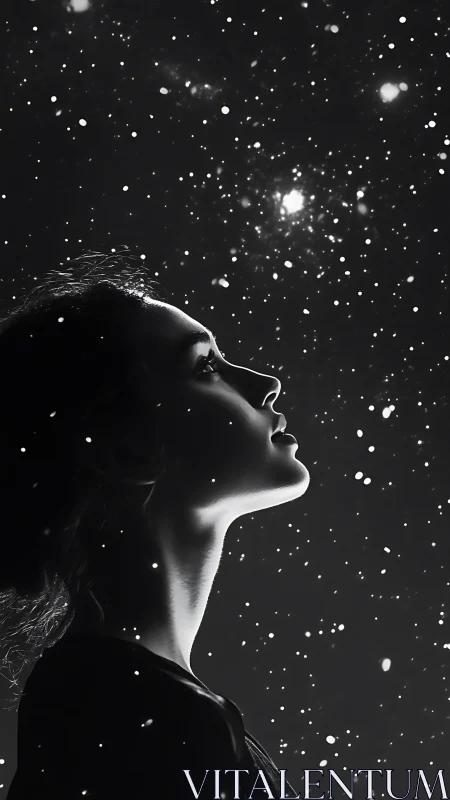 Stargazing silhouette dreaming beneath a drifting cosmic snowfall.