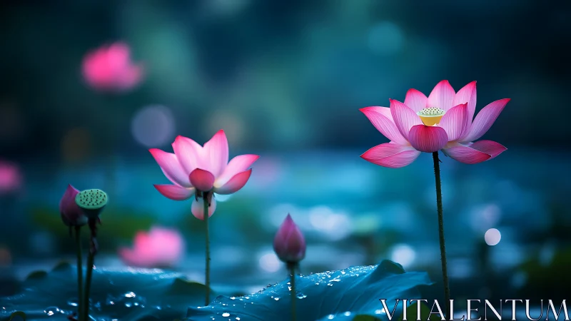 Lotus blossoms rise in dreamy blue twilight pond scene.