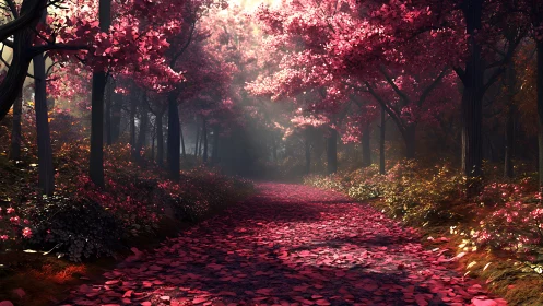 Magenta Forest Canopy: Luminous Autumn Arboretum with Gossamer Foliage.
