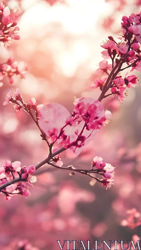 Pink Cherry Blossoms Frame a Heart-Shaped Leaf in Soft Light