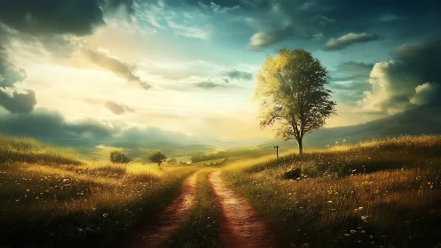 Sunlit country path winding gently through golden meadows.