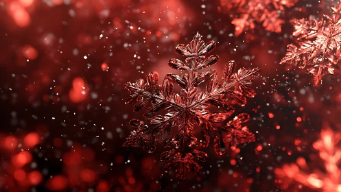 Microstructured red snowflake crystals in shallow DOF field.