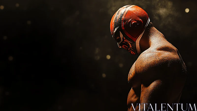 Masked athlete stands in profile under directional spotlight