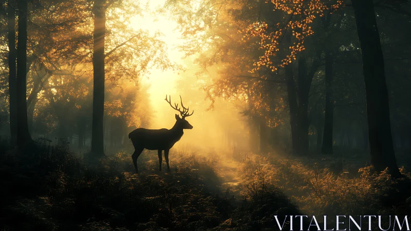 Majestic Deer Silhouette in Sunlit Autumn Forest, Cinematic Style.