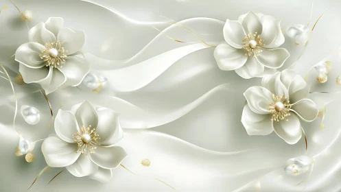 Luminous White Flowers with Gold Accents on Flowing Background