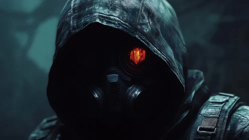 Hooded gas mask figure with glowing red eye in shadow.