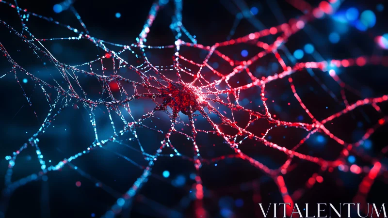 Futuristic glowing spider web in neon red and blue digital art.