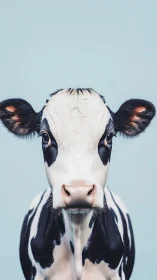 Front-facing Holstein calf portrait on plain blue background.