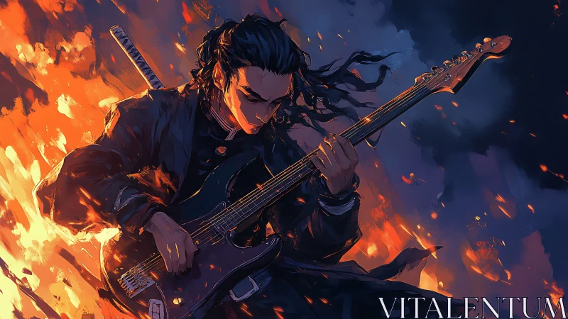 Samurai guitarist shreds a fiery solo against stormy skies