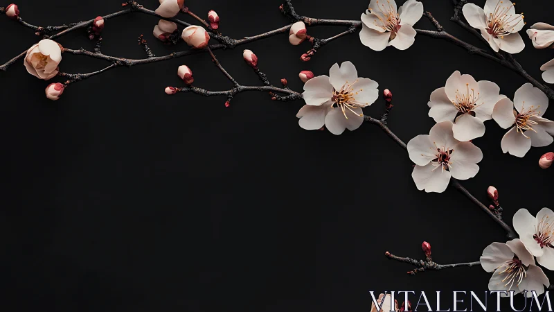 Cherry blossoms arranged on dark background with visible buds