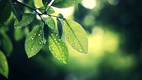 Raindrop constellations on sunlit emerald leaves at dawn.