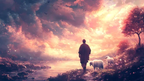 Shepherd wandering into a molten cotton-candy dawn sky.