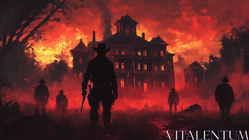 Cowboy silhouettes crossing a blazing frontier night.