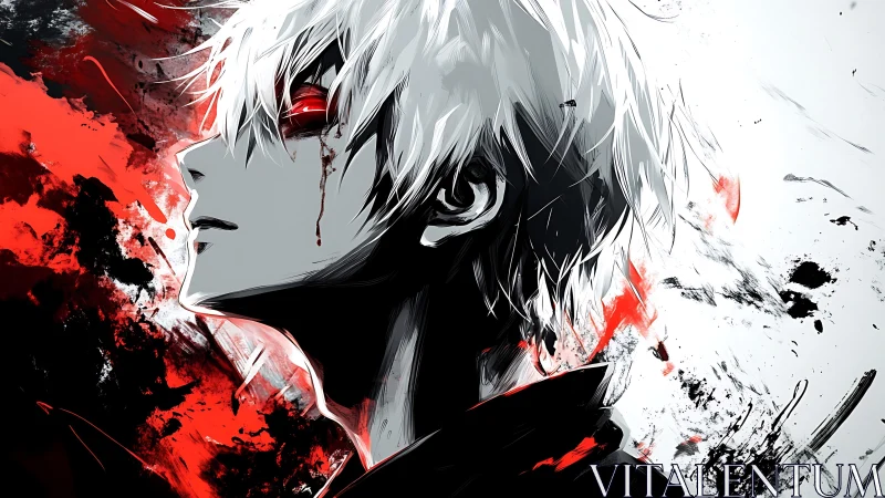 White haired figure with red eye in stark ink splatter profile.