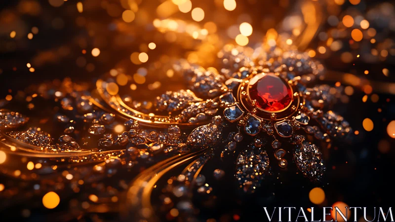 Ornate ruby and diamond brooch in cinematic bokeh lighting.