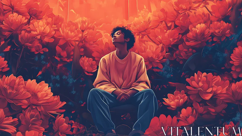 Solitary figure in saturated orange floral field under diffused light