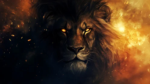 Fiery lion portrait merges embers with cosmic shadow