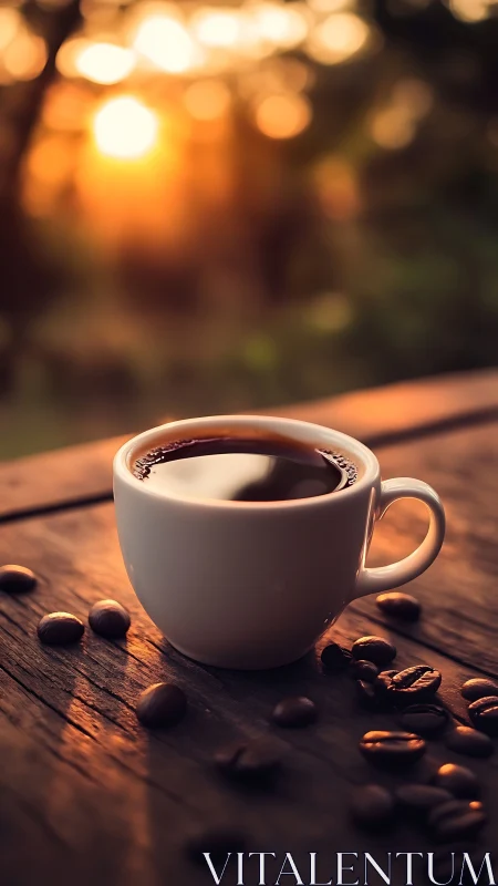 Sunlit coffee cup rests on rustic wood at golden sunrise