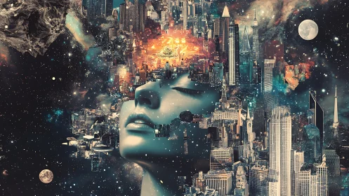 Dreaming city lights bloom across a cosmic nightscape.