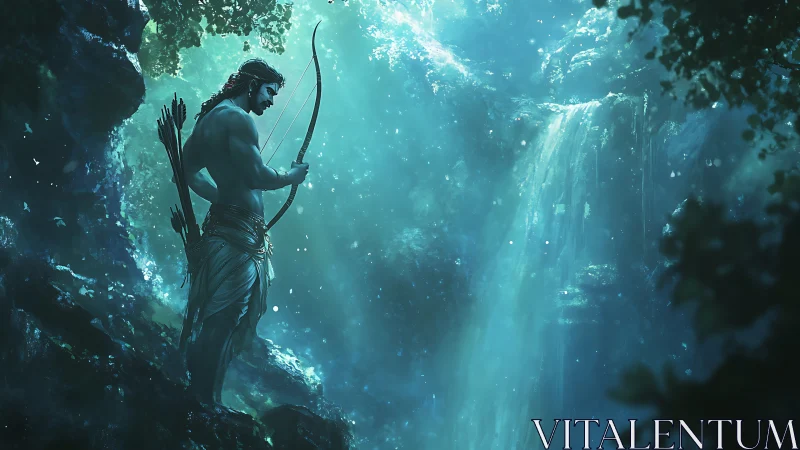 Forest archer paused in quiet awe beside glowing falls.