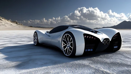 Salt-flat phantom supercar glides under high desert skies.