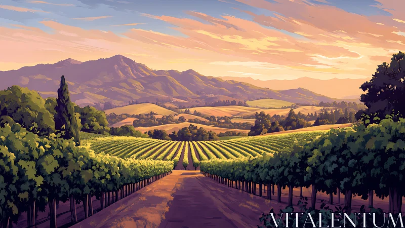 Sunlit vineyard avenues drift toward hazy lavender hills.