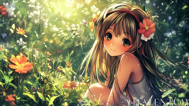 Backlit anime girl in sunlit wildflower meadow, floral headband