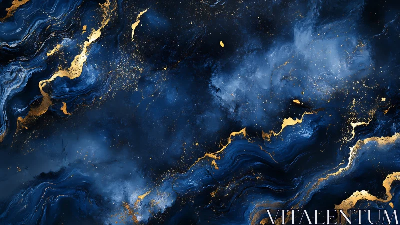 Midnight blue marble with luminous gold fluid veins.