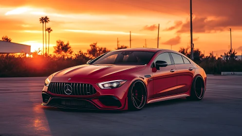 Sunset glow on a sleek red sports sedan at golden hour.