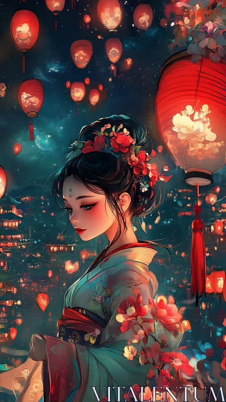 Lantern-lit maiden drifting through midnight blossom skies.