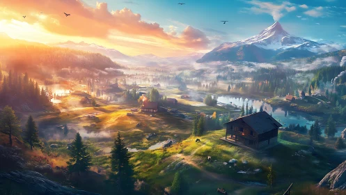 Sunrise symphony over misty valley cabins and crystal peaks.