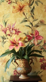 Pink and yellow lilies arranged in ornate ceramic urn